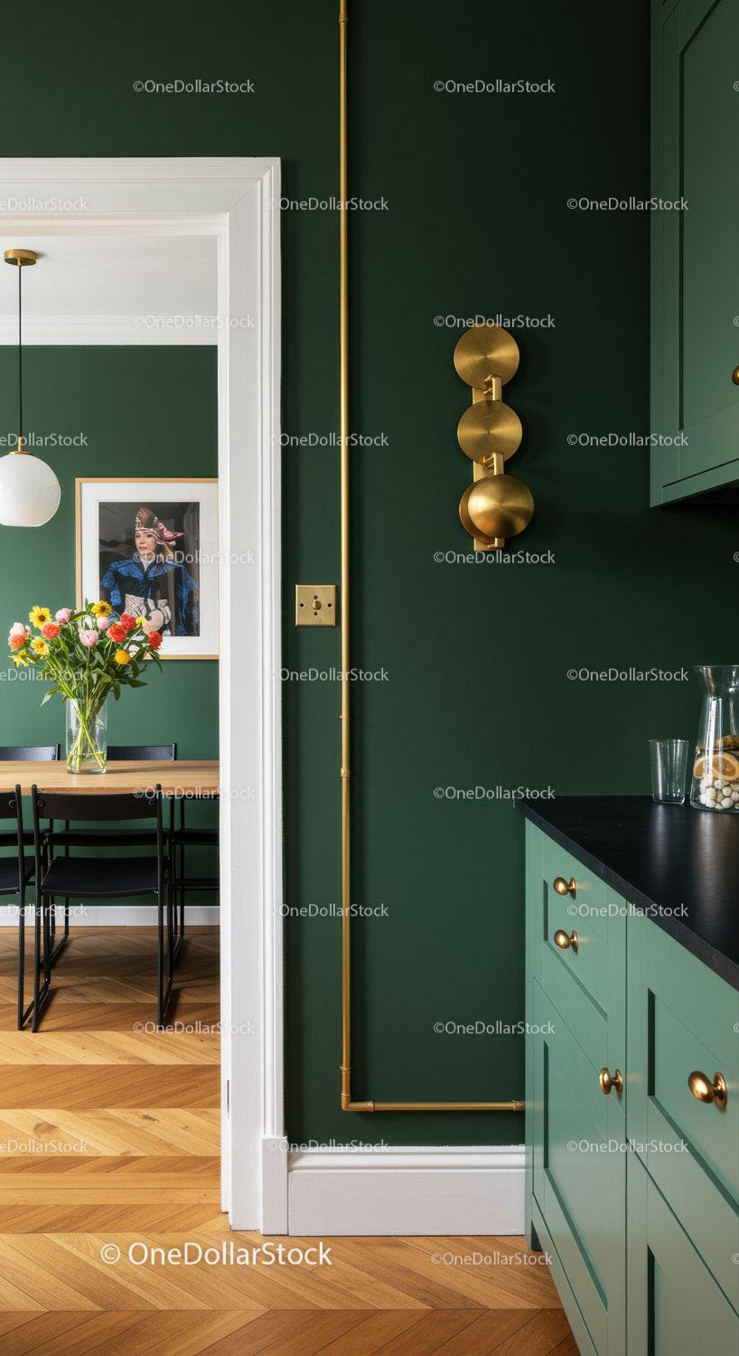 Elegant Green Kitchen with Gold Accents and Wooden Flooring