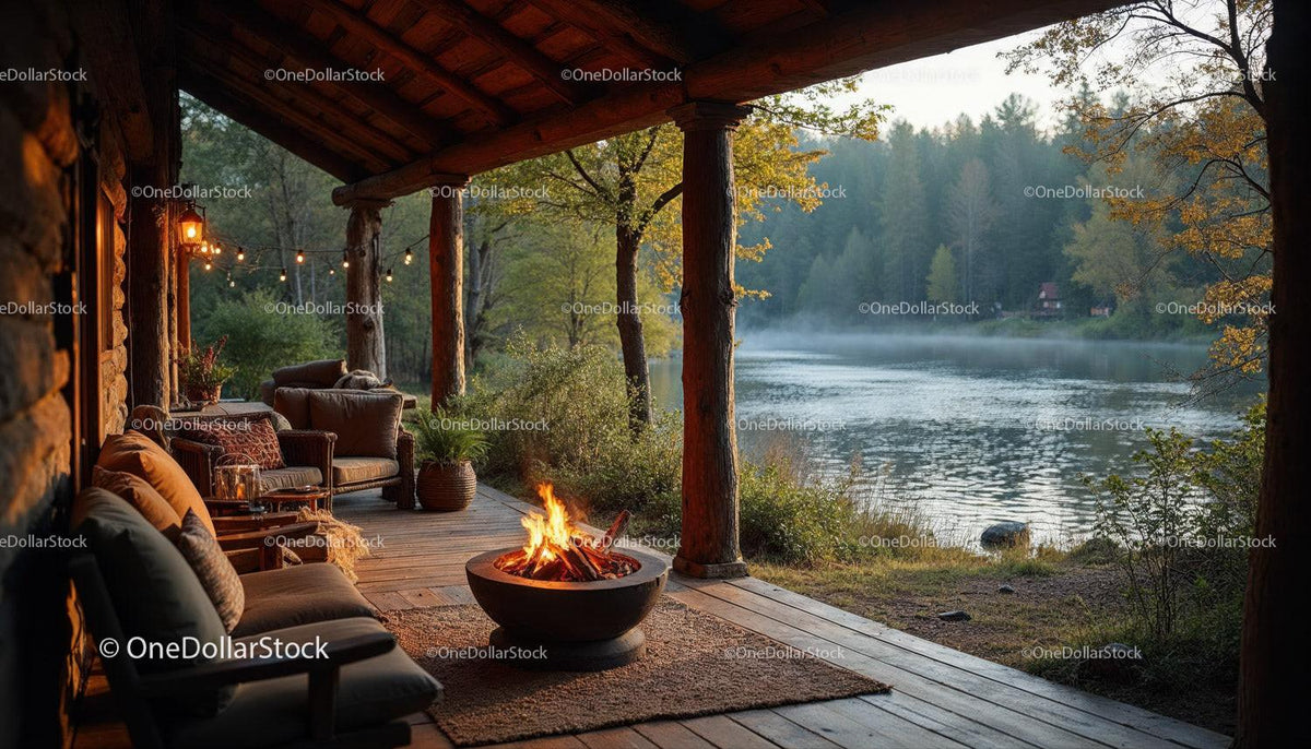 Rustic Lakeside Porch with Firepit and Autumn Foliage