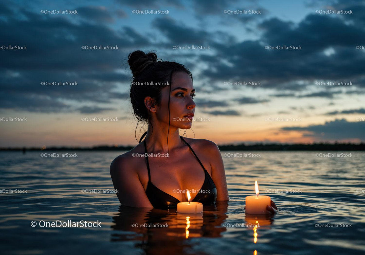 stock photo bundle made with Woman in Black Bikini with Candles Floating in Lake at Sunset Stock Photo Bundle