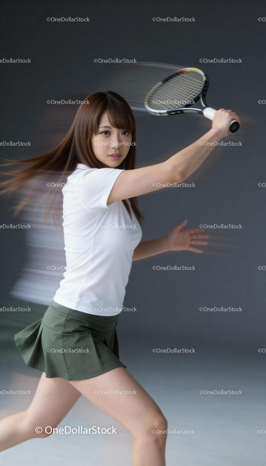 Focused young woman playing tennis with swift racket swing