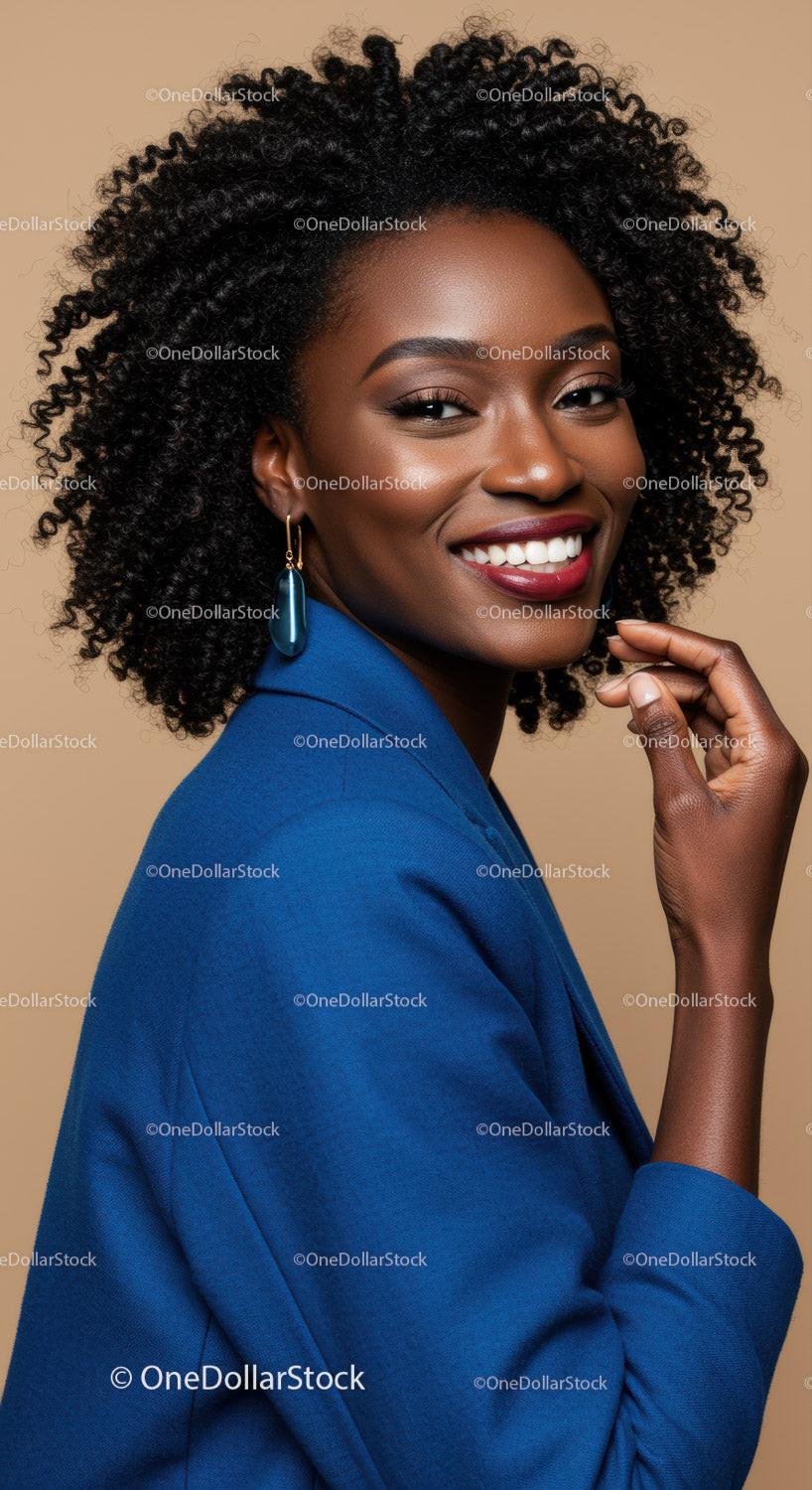 Elegant African American Woman in Blue Blazer with Curly Hair and Jewelry