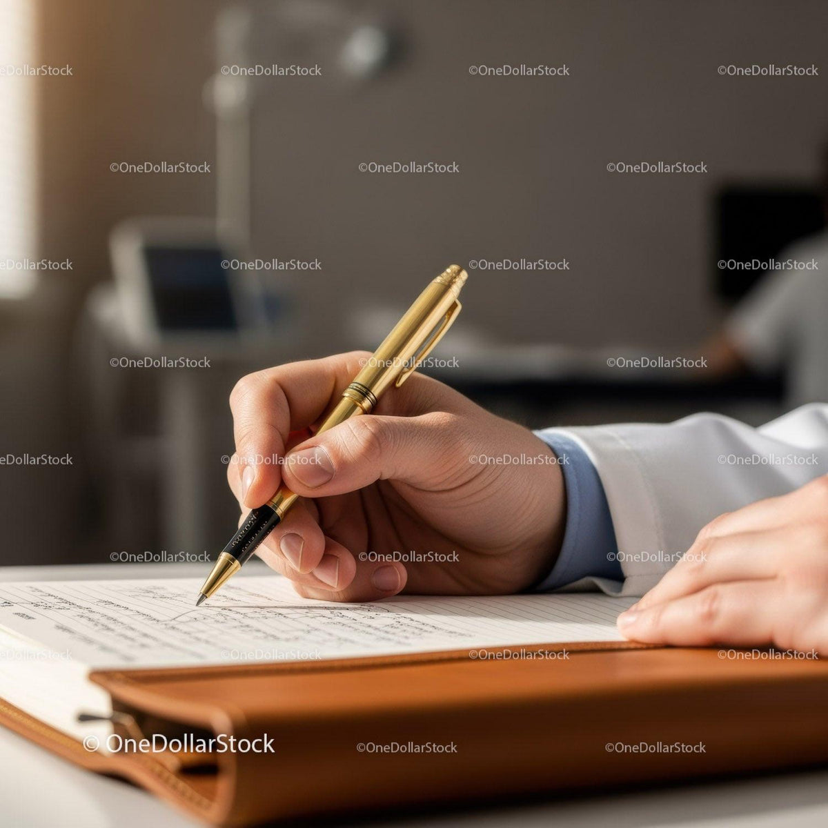 Business Professional Writing with Gold Pen on Elegant Desk