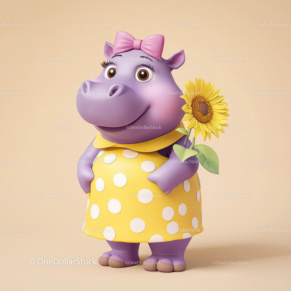 Cute Cartoon Hippo Holding Sunflower in Yellow Dress for Kids Illustration Stock Photo Bundle preview 36