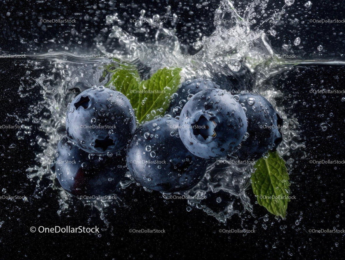 Blueberries Splash in Water with Green Mint Leaves