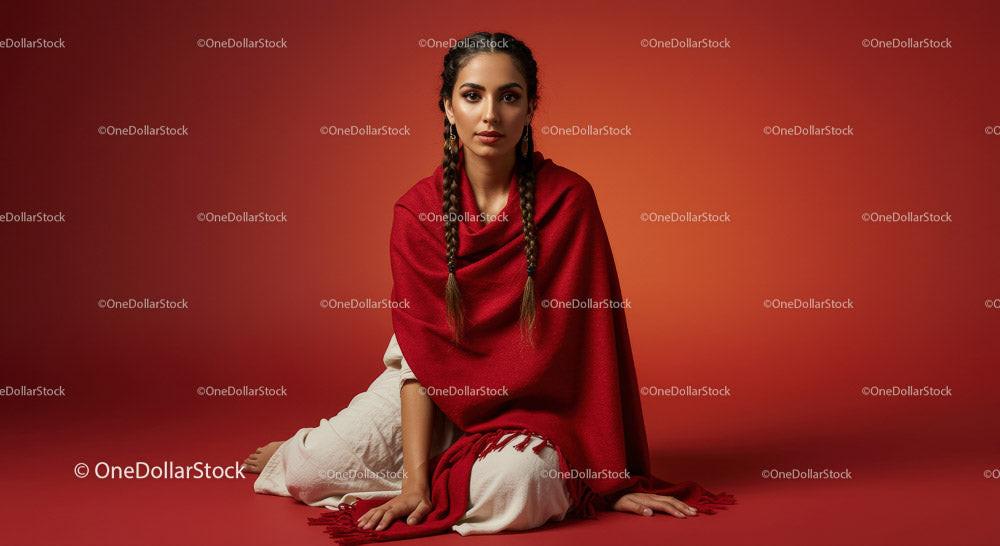 Elegant Woman in Red Shawl Posing Against Vibrant Background Stock Photo Bundle preview 7