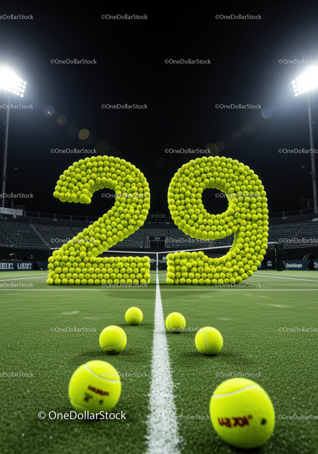 Numeral Twenty Nine Made of Tennis Balls on Court