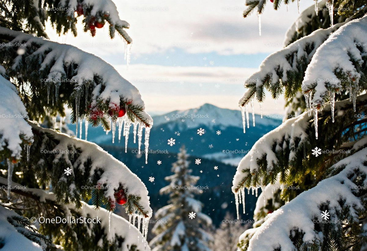 Snow-covered pine branches with icicles and red berries