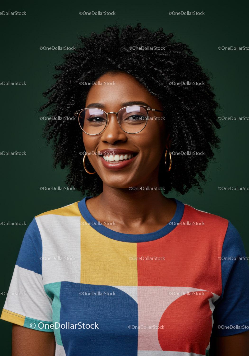 Vibrant Smiling Woman with Curly Hair Wearing Colorful T-shirt and Glasses