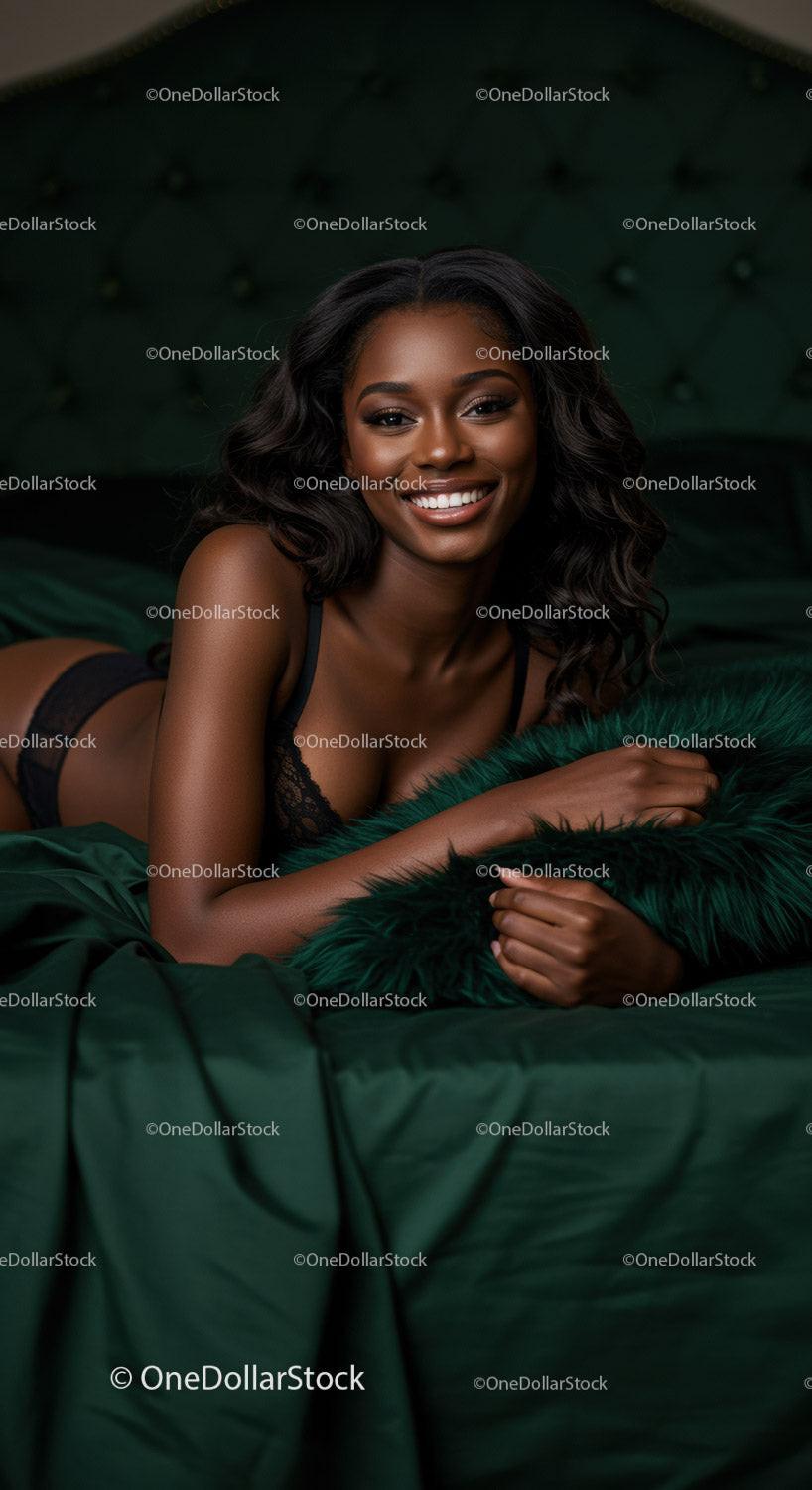 Smiling woman relaxing on bed with dark green bedding