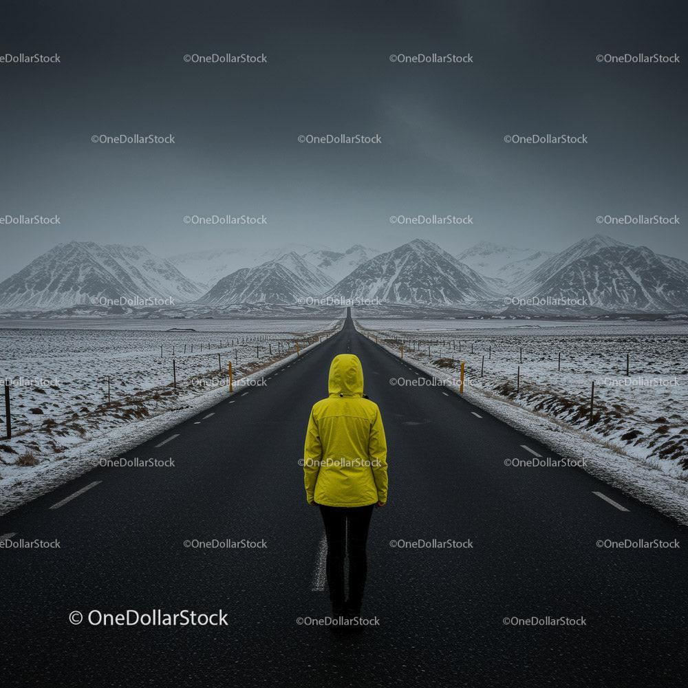 Lonely Traveler in Yellow Jacket on Snow-Covered Road Stock Photo Bundle preview 15