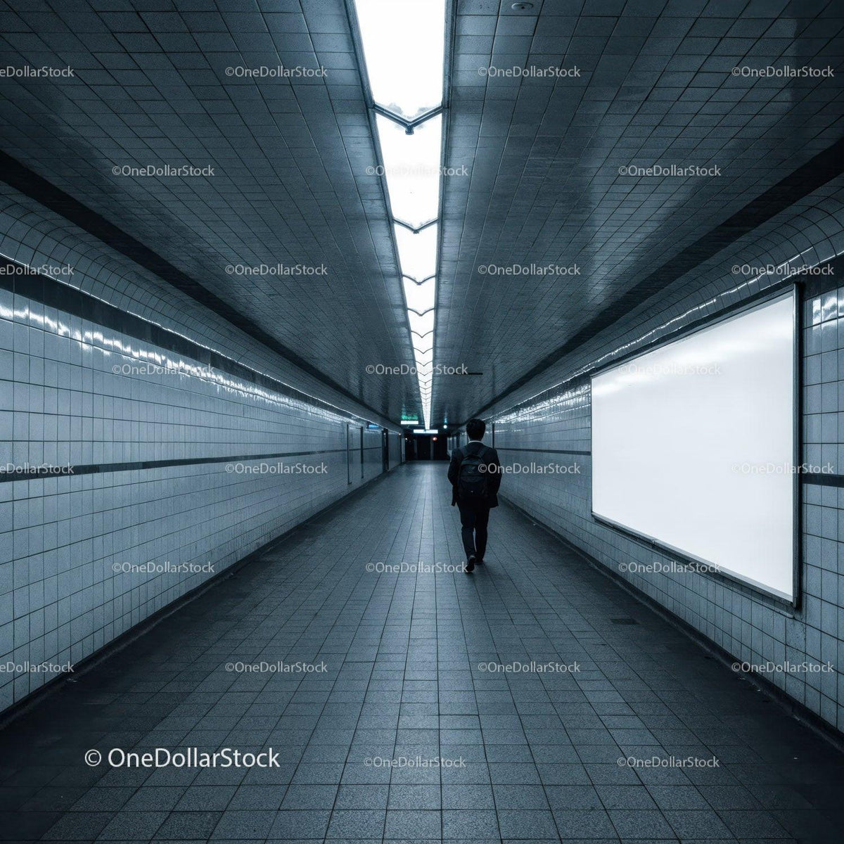 Underground Subway Tunnel with Modern Tiled Walls and Bright Ceiling Lighting JPG Mockup Image preview