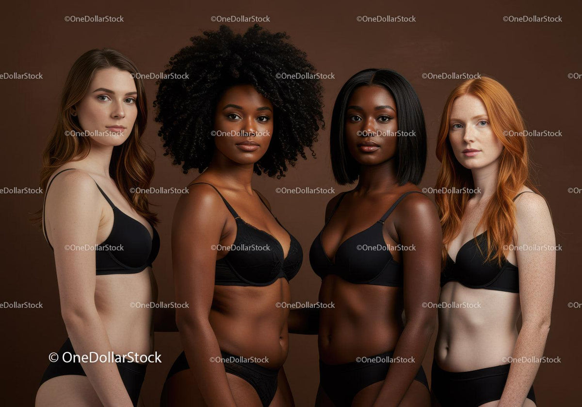 Diverse women standing confidently in black lingerie