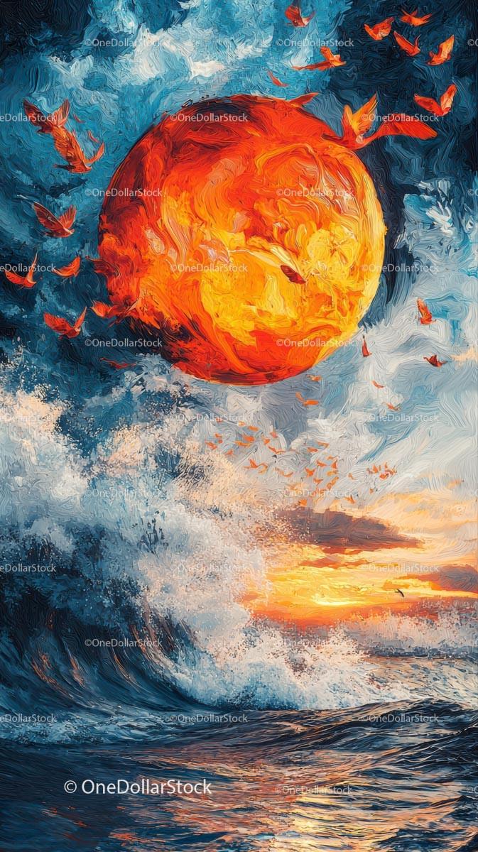 Vivid Sunset Over Turbulent Ocean Waves with Dramatic Sky