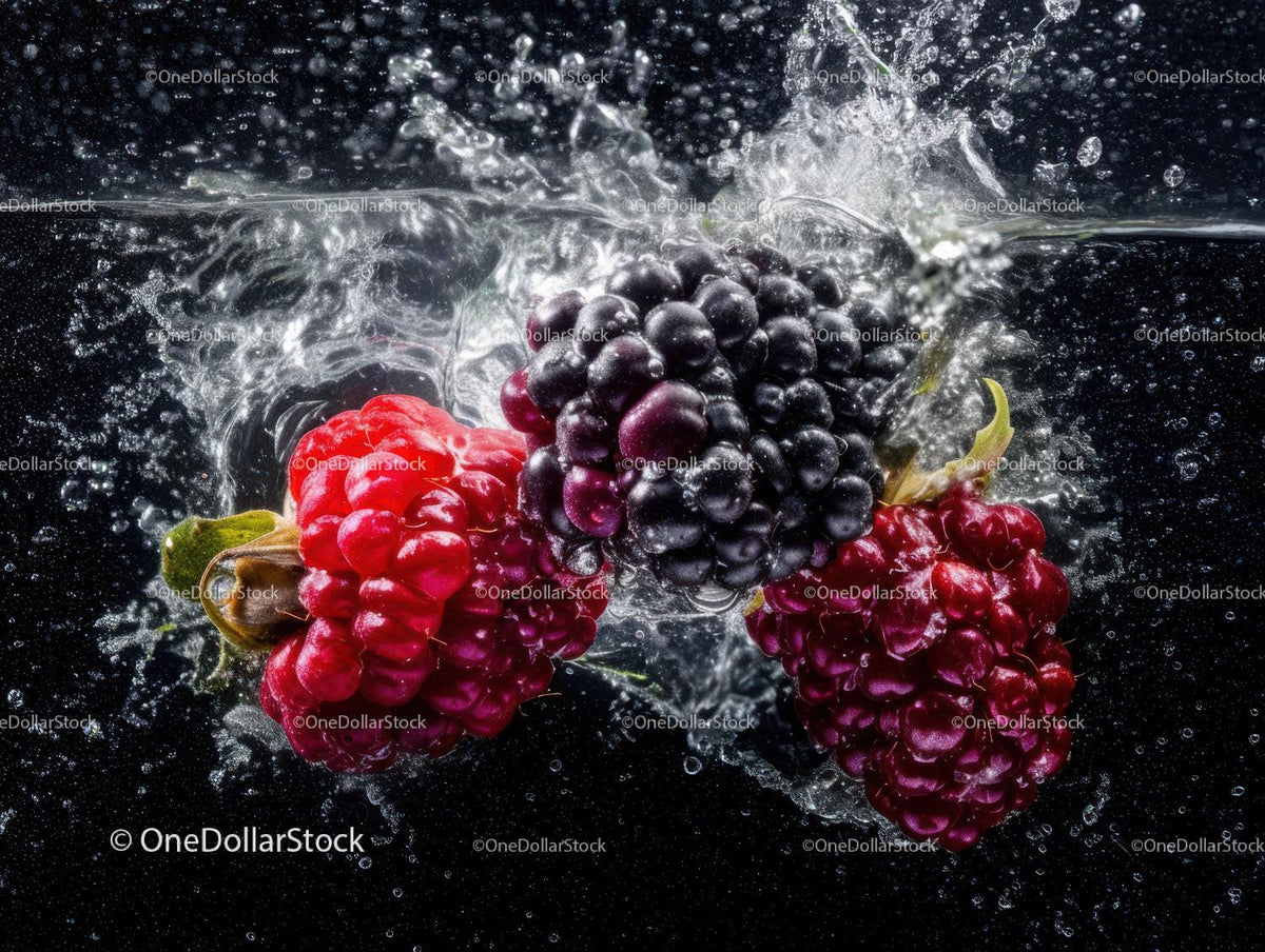 Fresh Black Raspberries Splashing into Water Showing Juicy Fruits