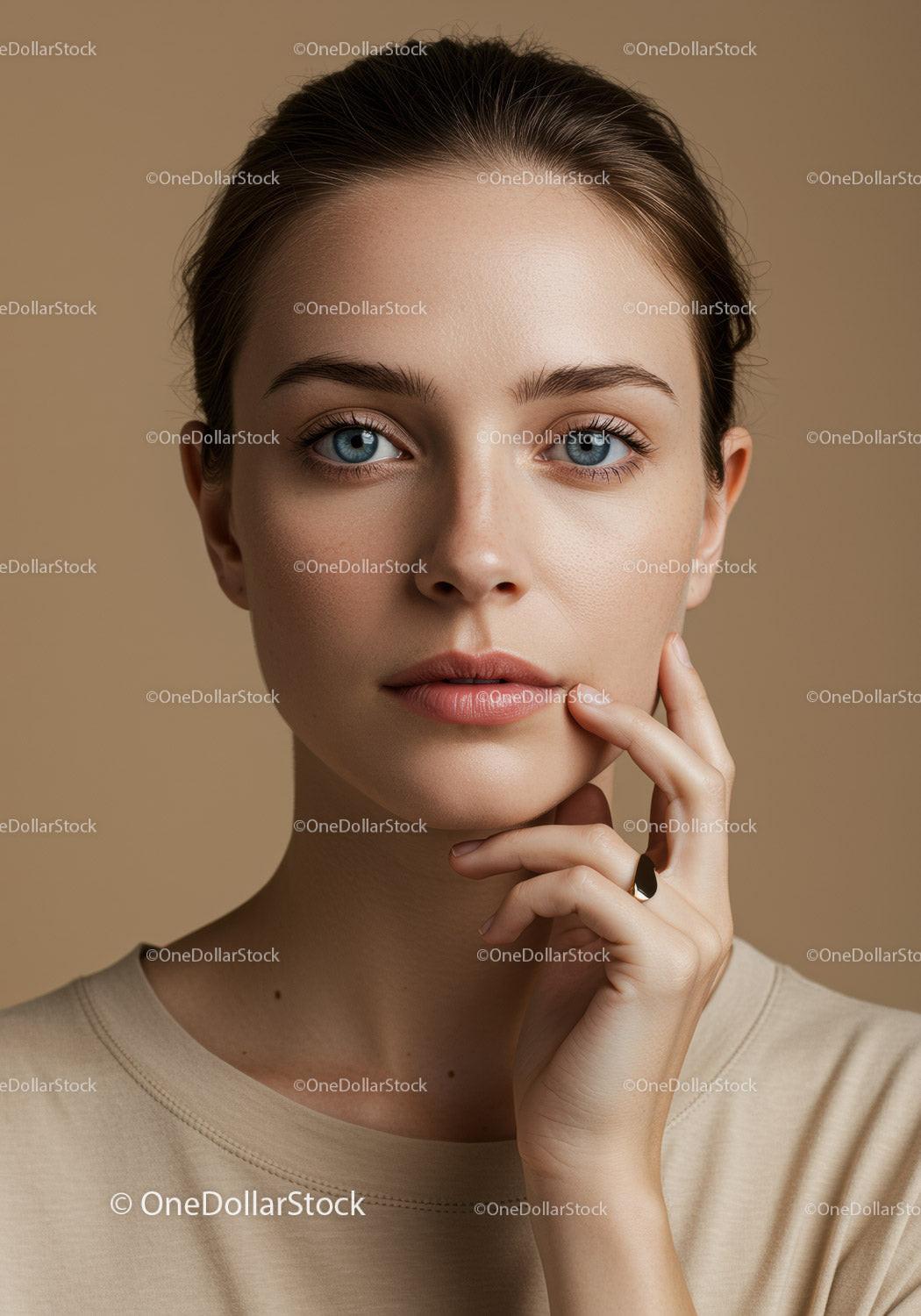 Portrait of Young Woman with Clear Skin and Blue Eyes