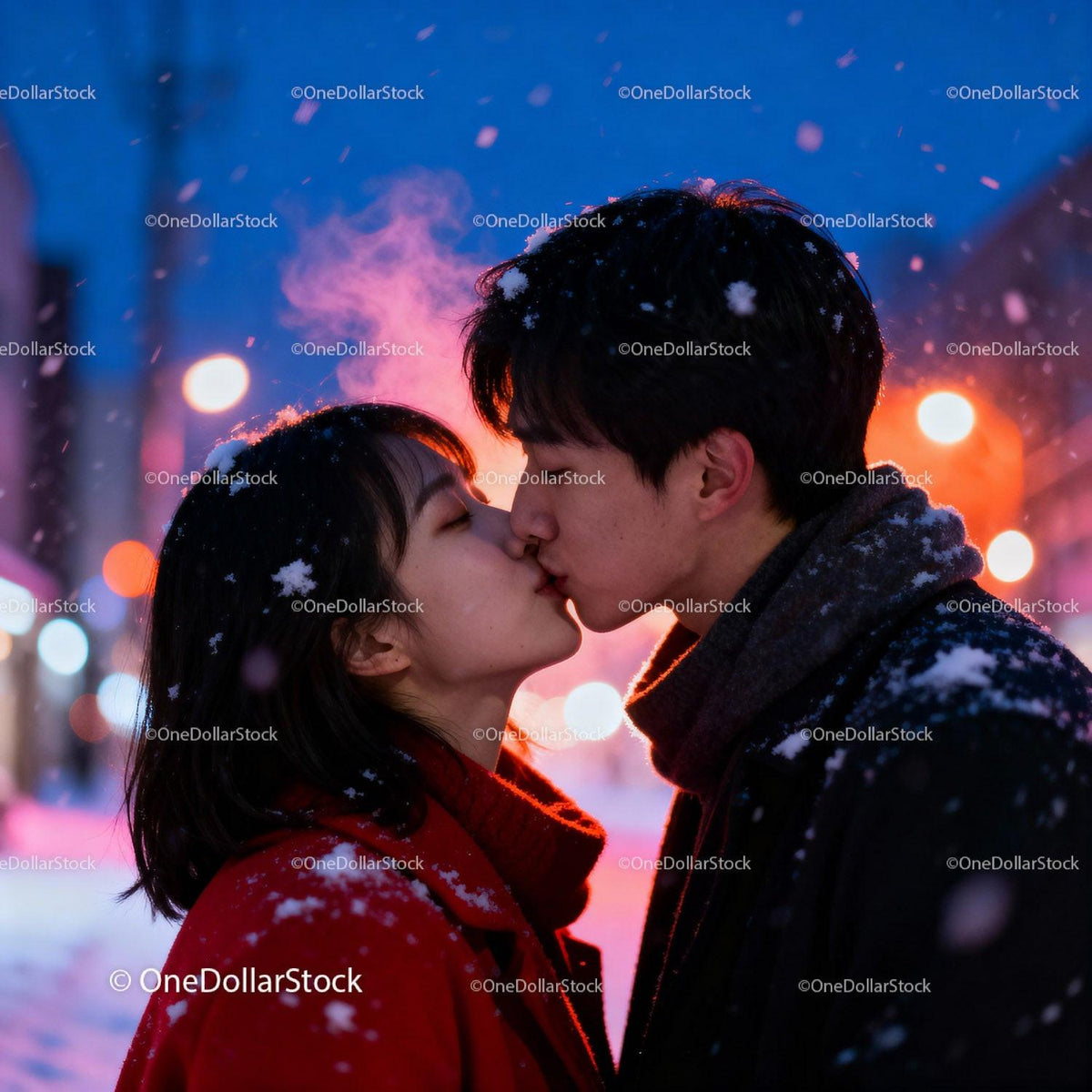 Couple sharing a tender kiss on snowy winter evening