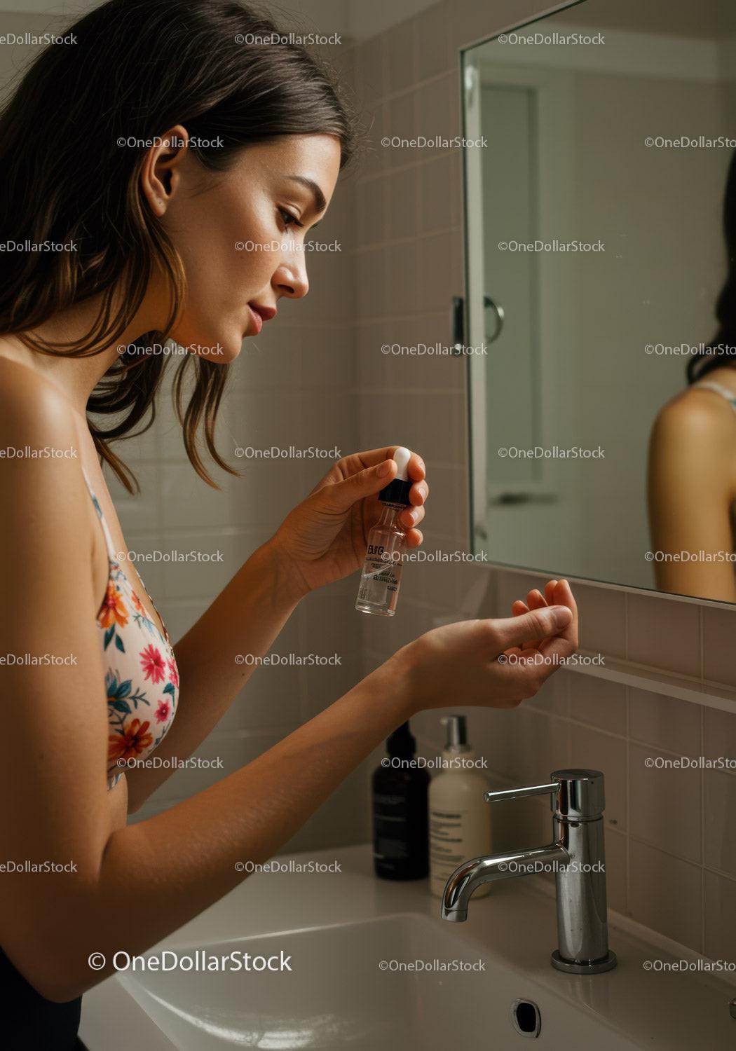 Young Woman Applying Hand Sanitizer in Bathroom