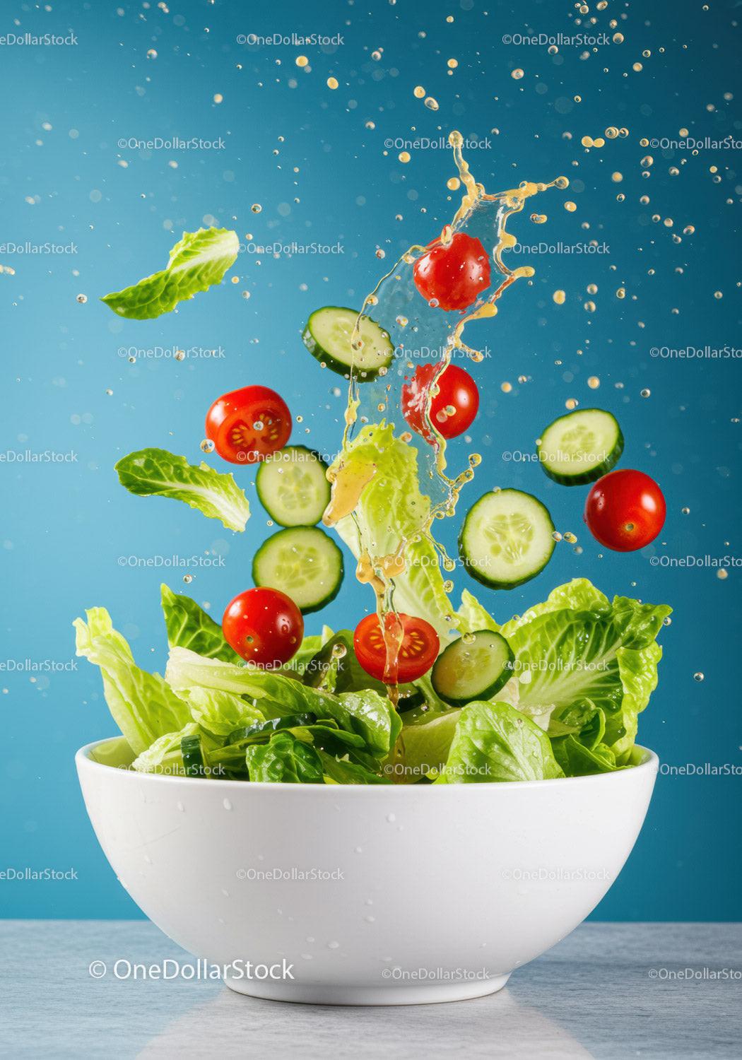 Fresh Salad Ingredients Splashing in White Bowl