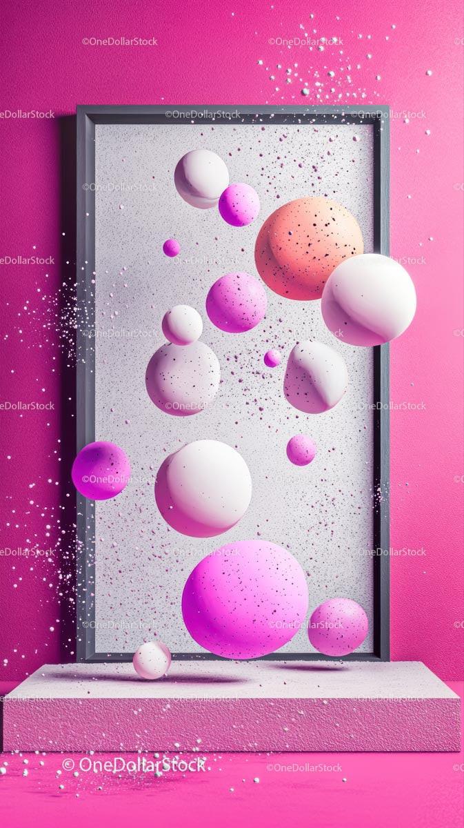 Colorful Abstract Spheres Floating Against Vibrant Pink Background