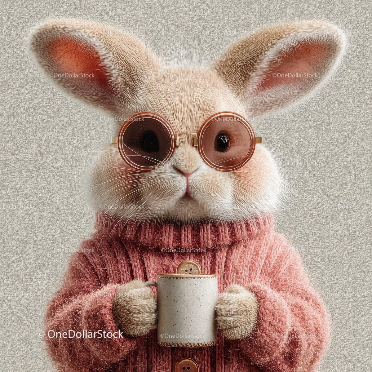 Brown and cream fluffy bunny with round sunglasses in pink sweater holding ceramic cup