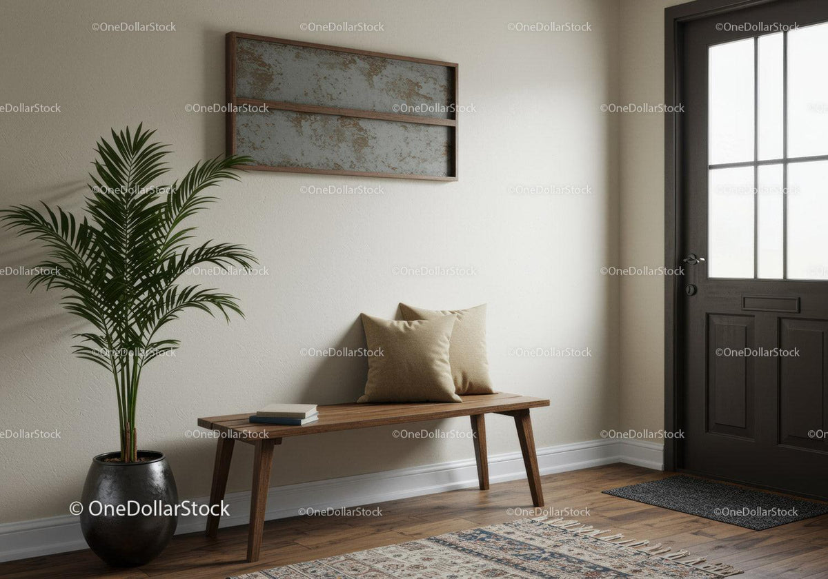 Elegant Modern Entryway with Plant and Wooden Bench for Home Decor