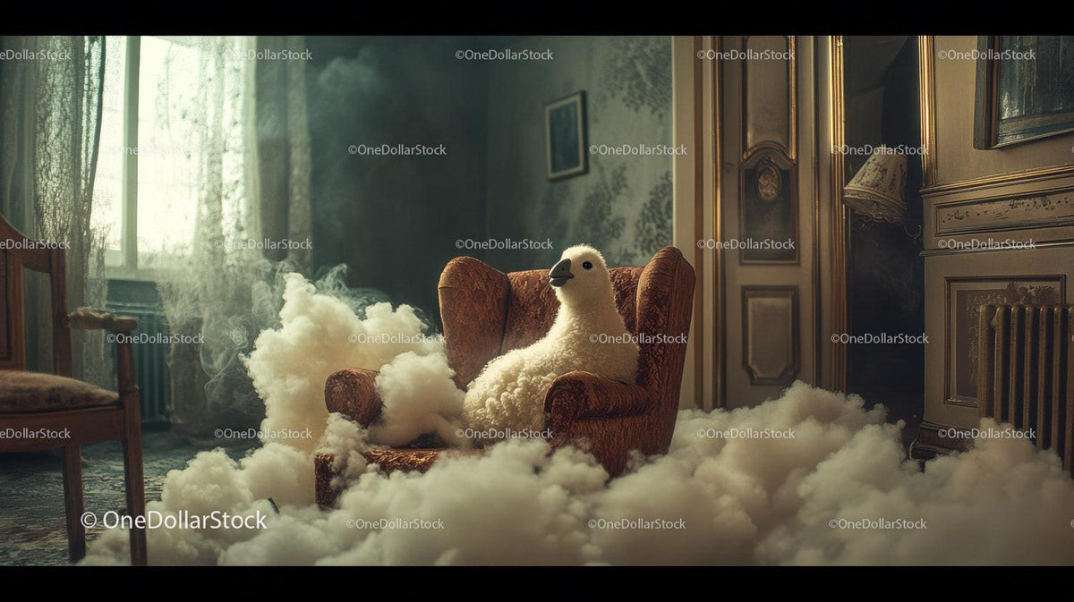 Brown vintage armchair enveloped by white fluffy clouds in old decorated room
