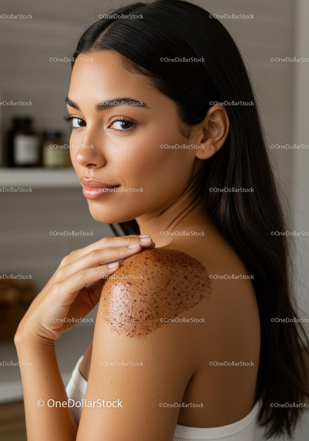 Young Woman with Freckles and Dark Hair in Beauty Routine