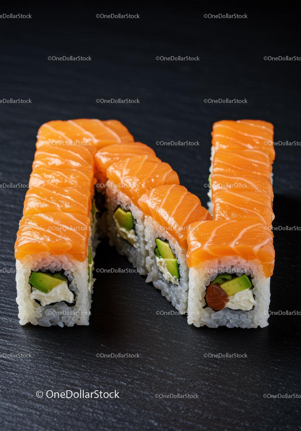 Fresh salmon sushi rolls with avocado on black plate