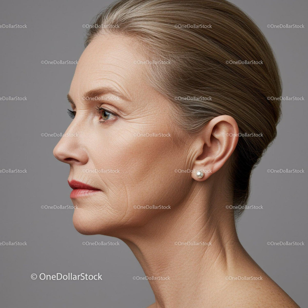 Elegant Mature Woman Profile with Pearl Earrings and Stylish Hair