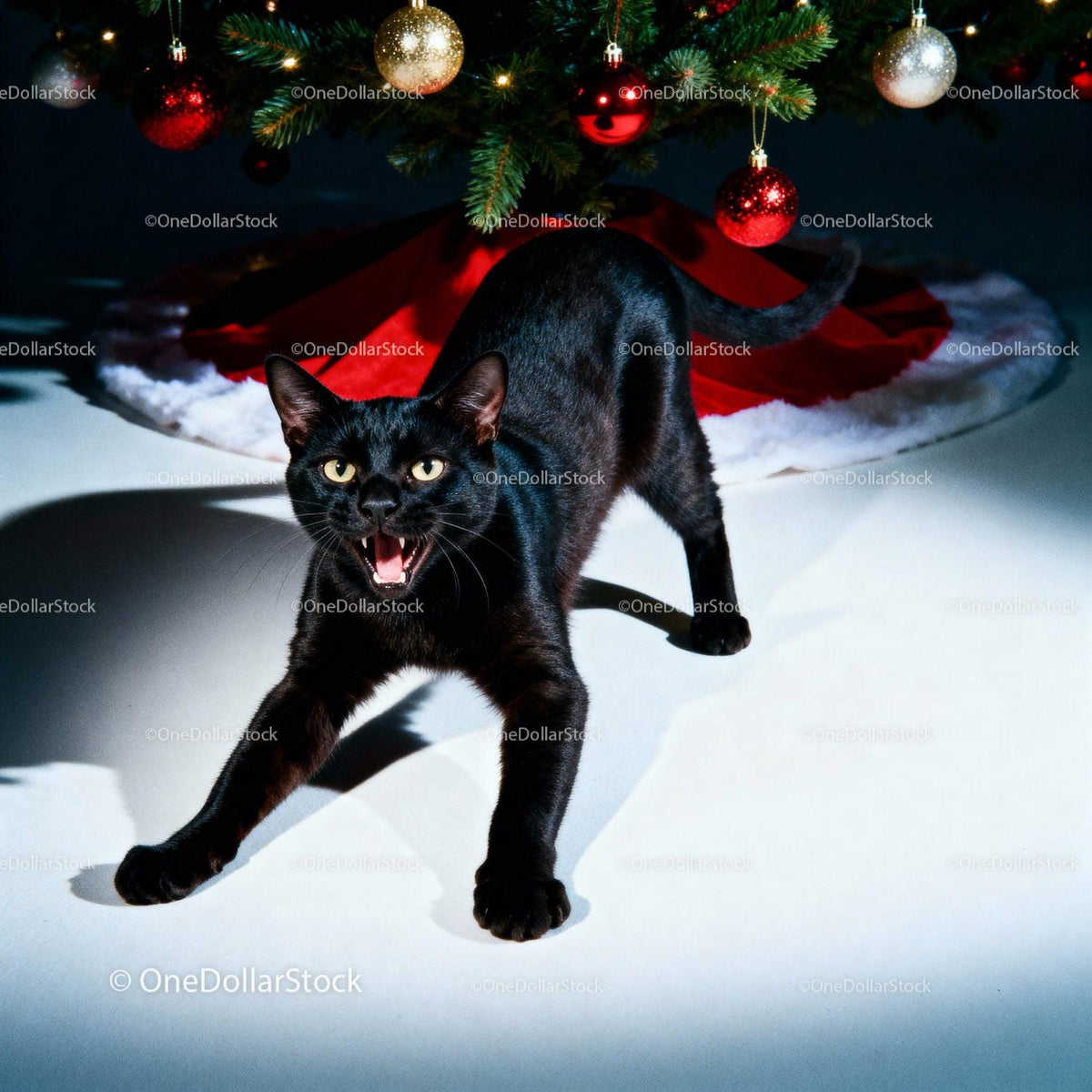 Playful black cat under decorated Christmas tree