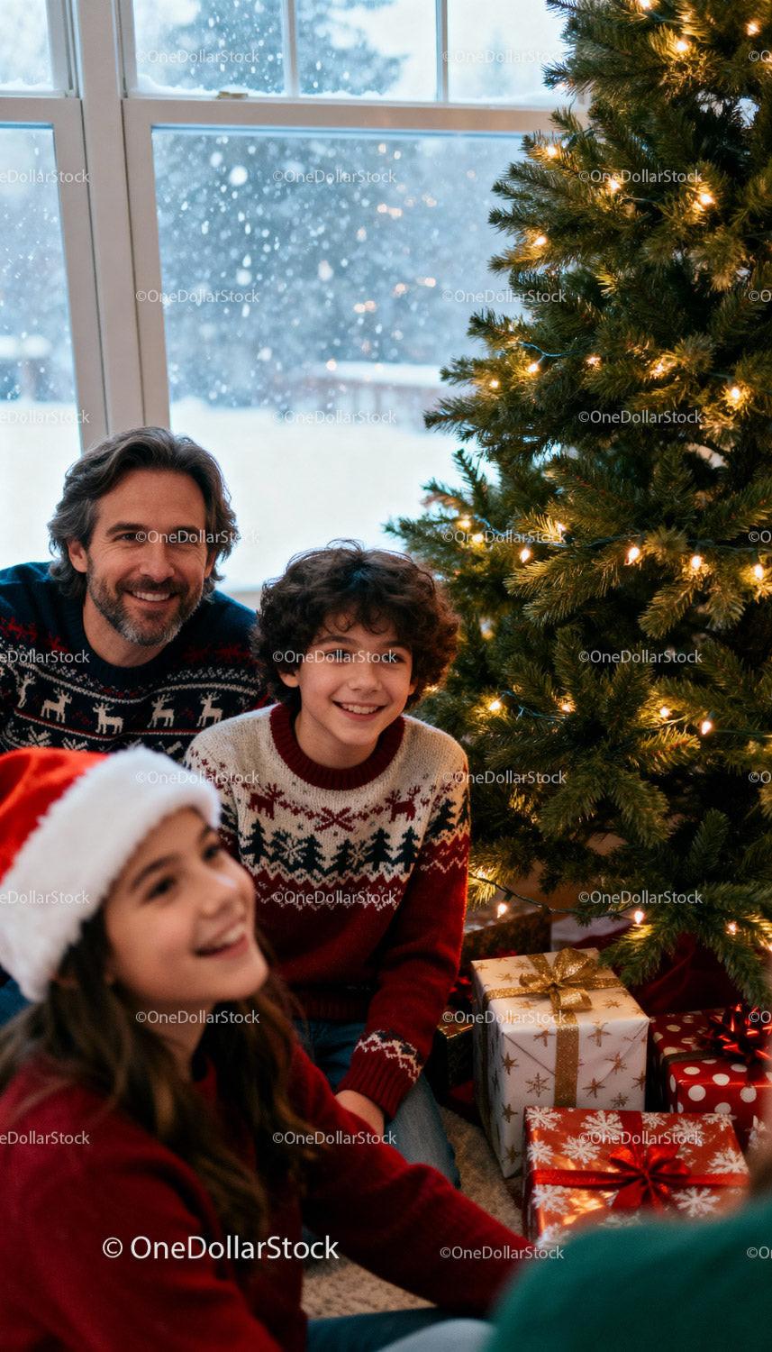 Family enjoying cozy moments by decorated Christmas tree