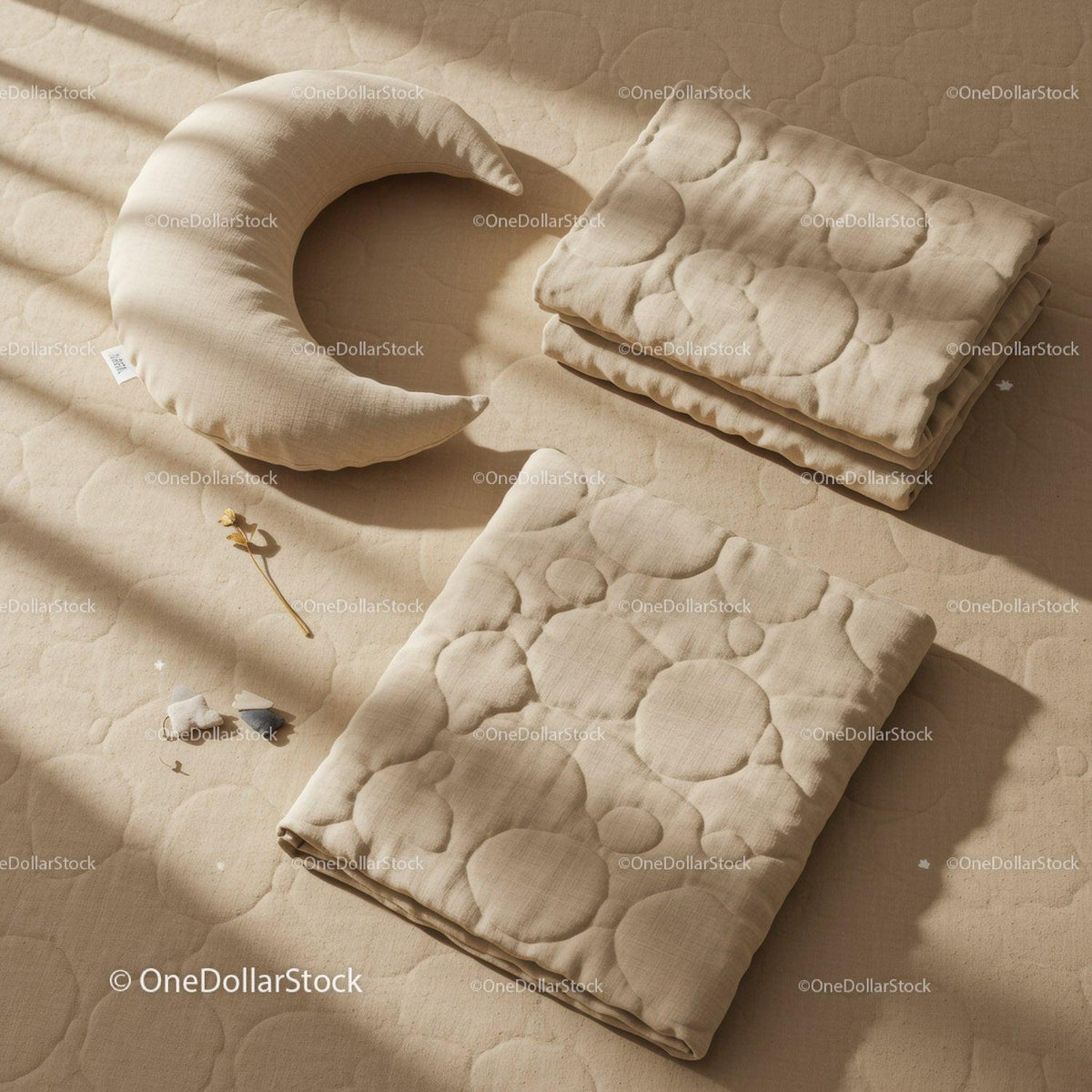 Cozy neutral bedding set with crescent pillow in soft light