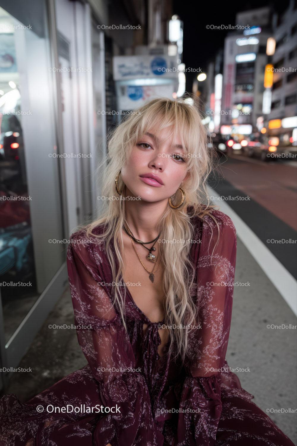 Stylish Young Woman with Blonde Hair Sitting on City Sidewalk at Night