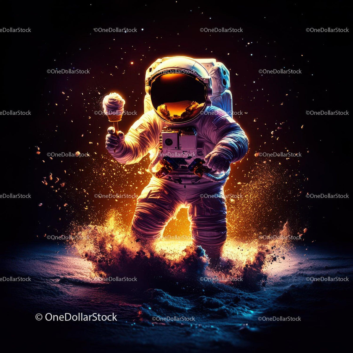 Colorful Astronaut Holding Ice Cream in Space with Galaxy Reflection Stock Photo Bundle preview 24
