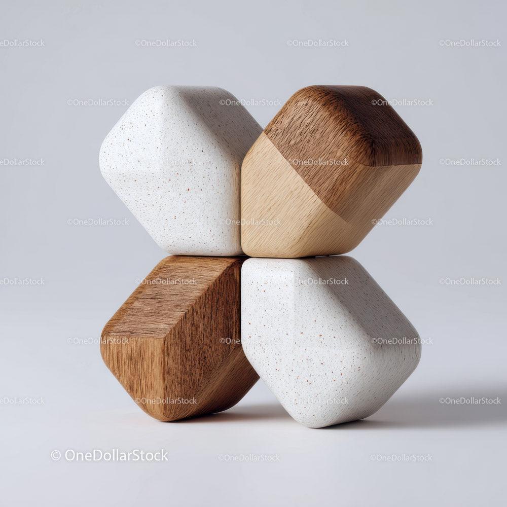 Four rounded blocks made of wood and speckled stone arranged in a balanced stack