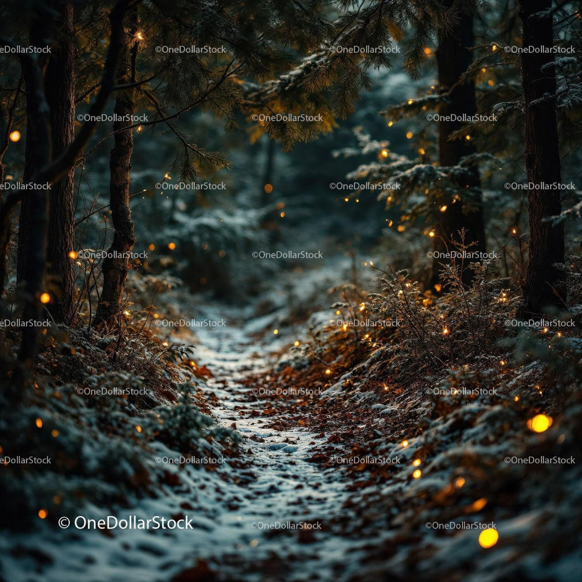 Snowy forest path glowing with magical fireflies