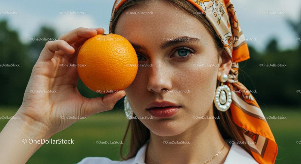 Stylish Woman Holding an Orange in a Bright Outdoor Setting Stock Photo Bundle preview 11