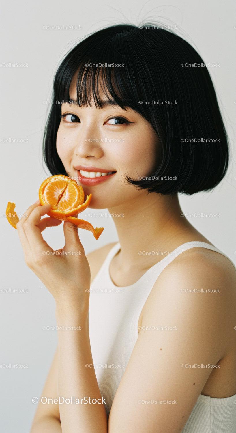 Young Woman with Short Black Hair Smiling and Holding Orange