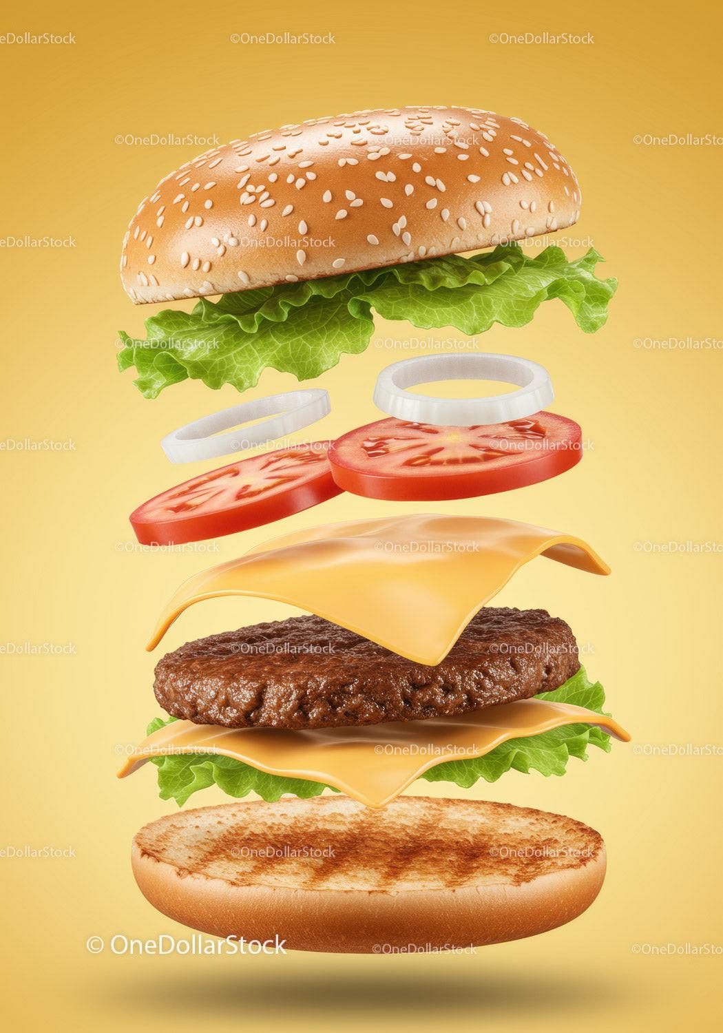Deconstructed cheeseburger with fresh vegetables on yellow