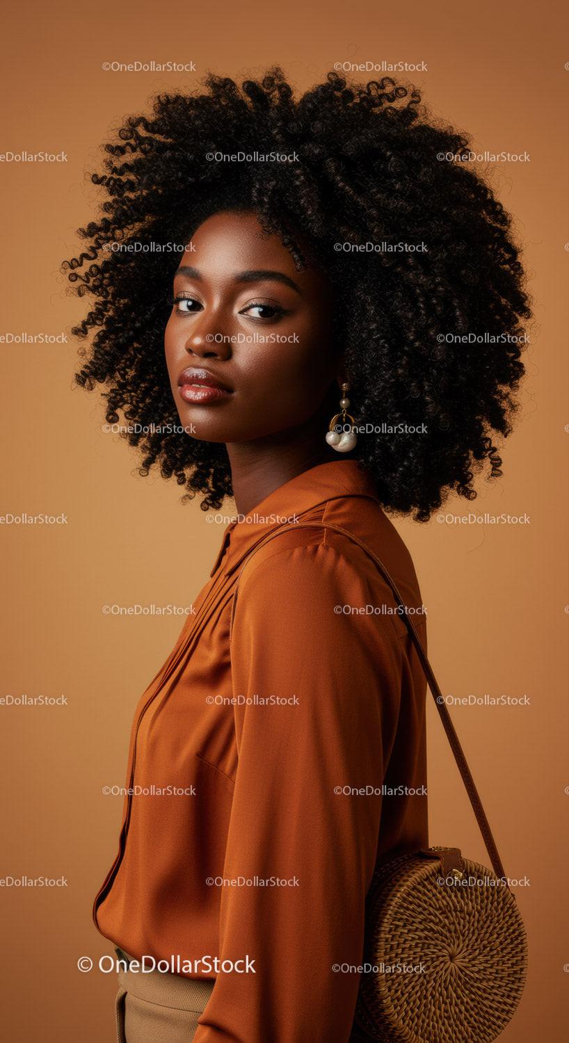 Stylish African American Woman with Natural Curly Hair and Elegant Fashion