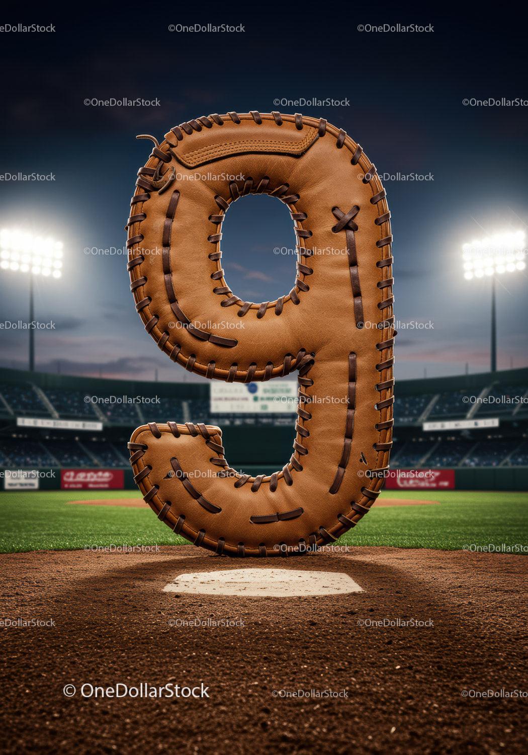 Baseball themed number nine with stadium lighting
