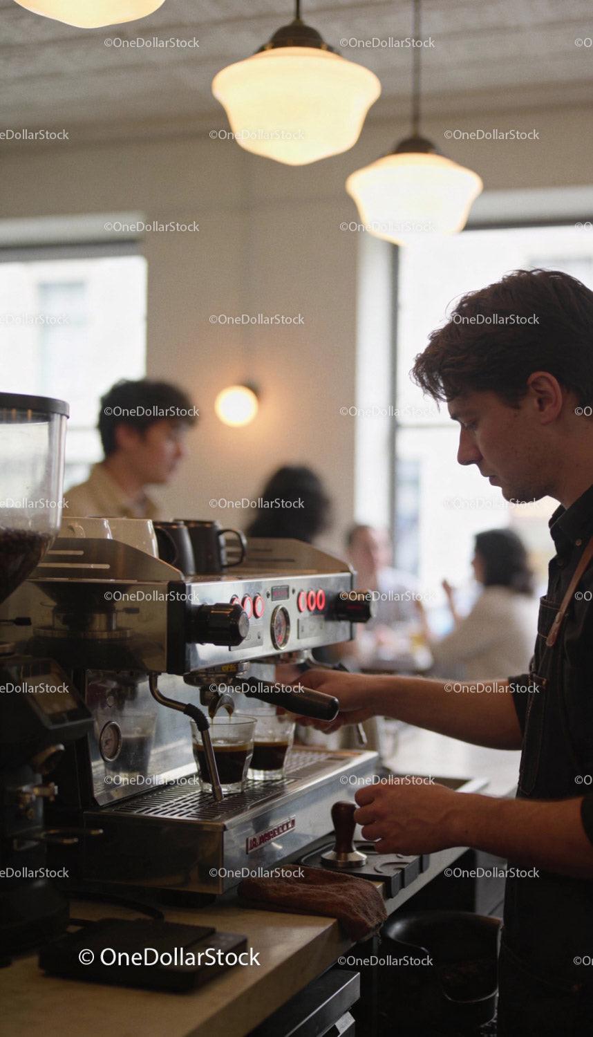 Barista preparing fresh espresso in cozy coffee shop