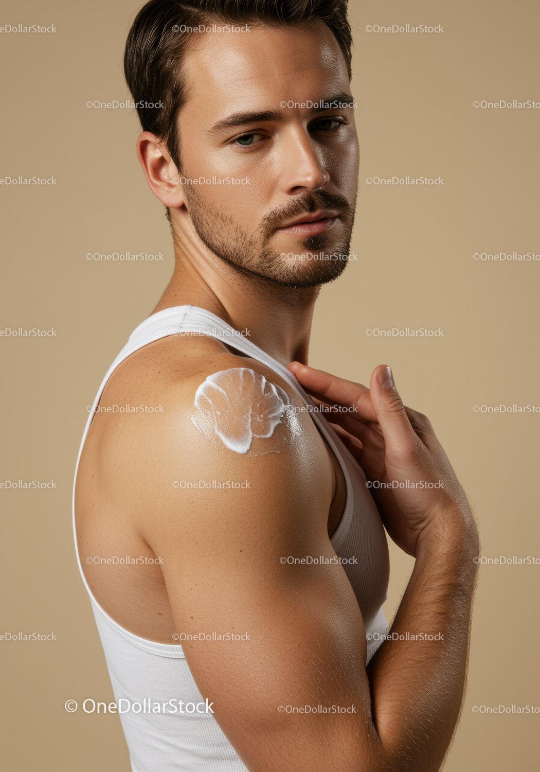 Young Man Applying Sunscreen to Shoulder for Sun Protection