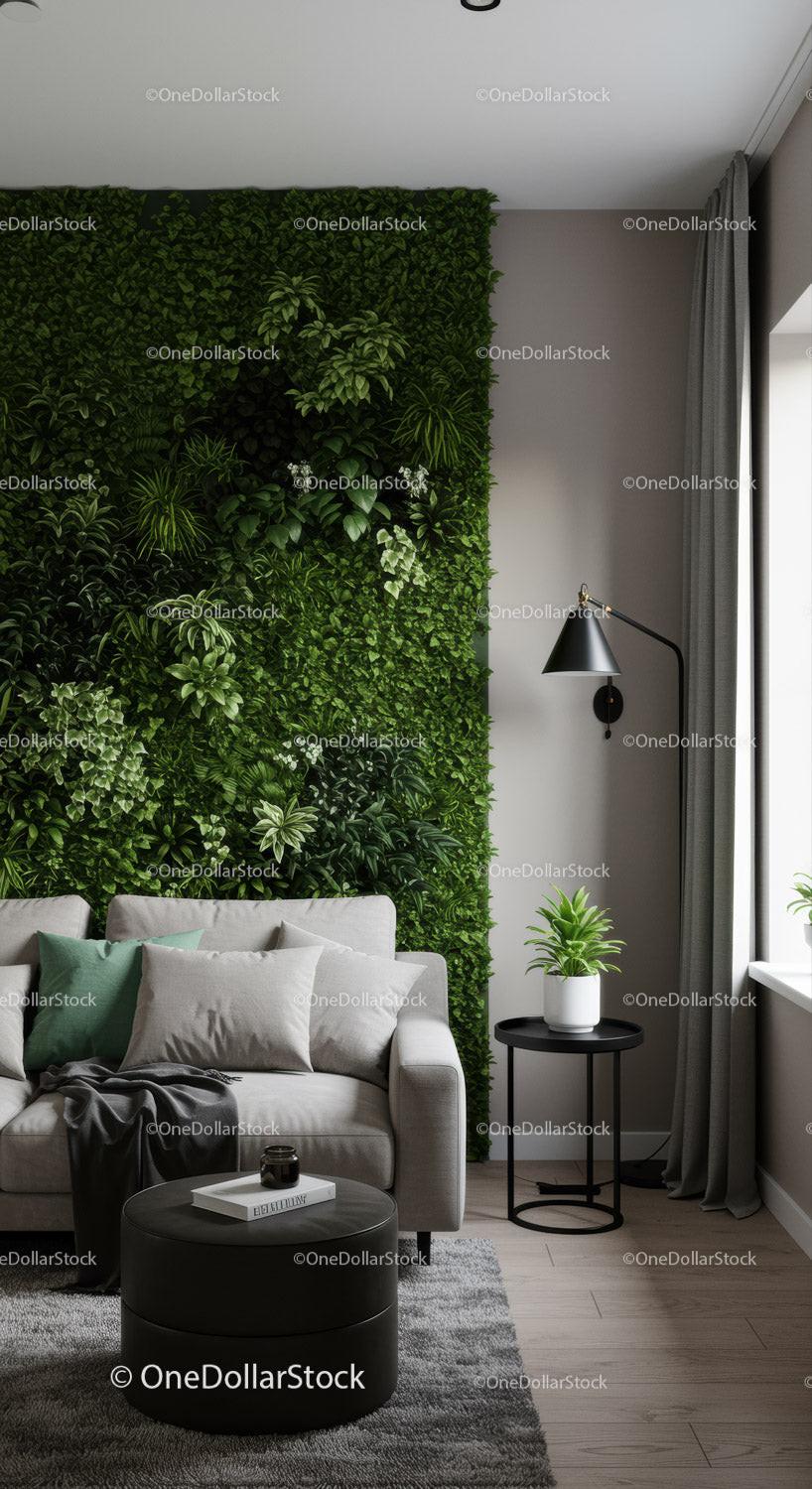 Modern Living Room with Green Leafy Wall and Cozy Sofa