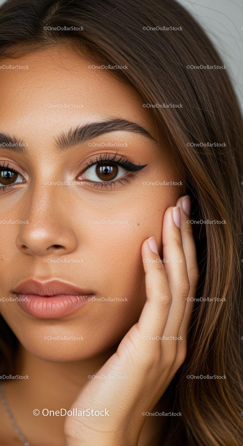 Close-up of a Woman with Hazel Eyes and Flawless Skin