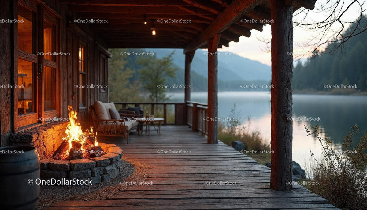 Rustic Lakeside Porch with Fireplace and Scenic Mountain View