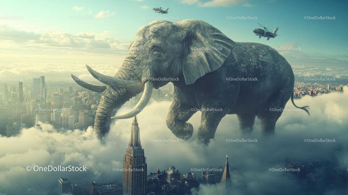 Large elephant walking above skyscrapers and clouds with helicopters near it