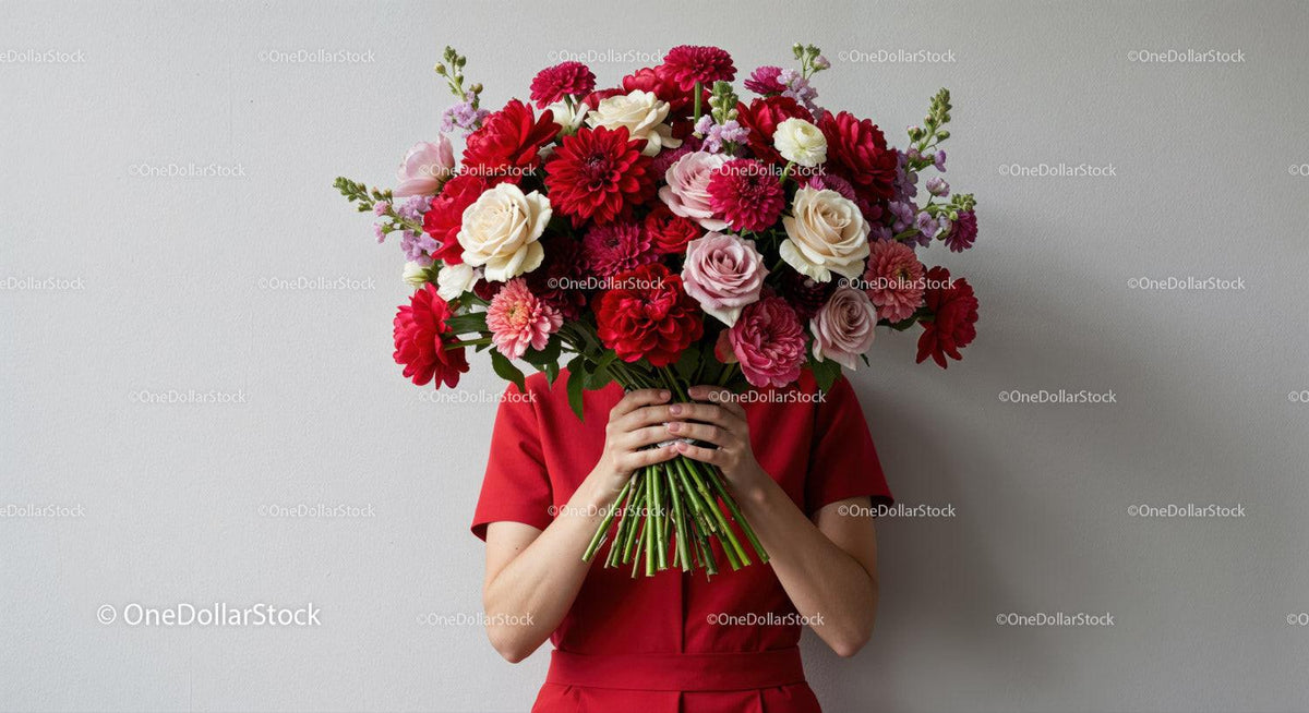 Person holding large bouquet of mixed flowers