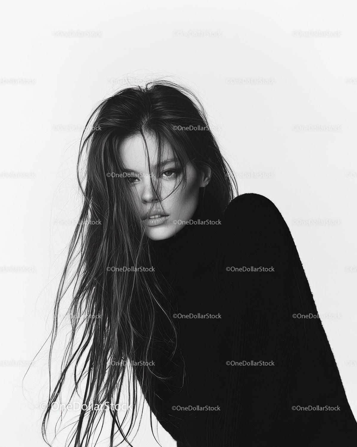 Elegant Black and White Portrait of a Woman with Flowing Hair