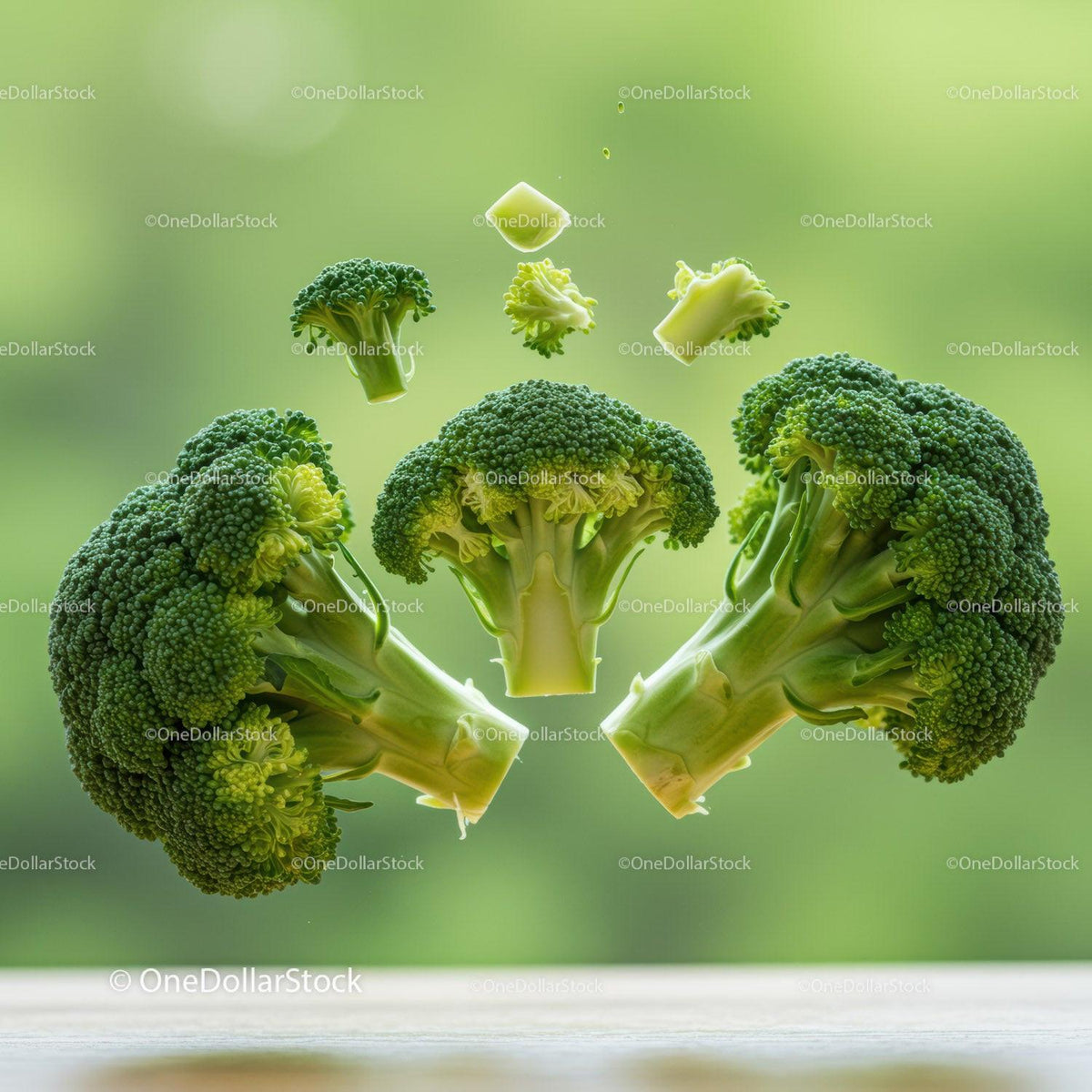 Fresh broccoli florets levitating on soft green background